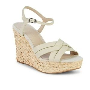 New Splendid Madelaine Leather Open Toe Ankle Strap Eggshell Wedge Sandals 8.5